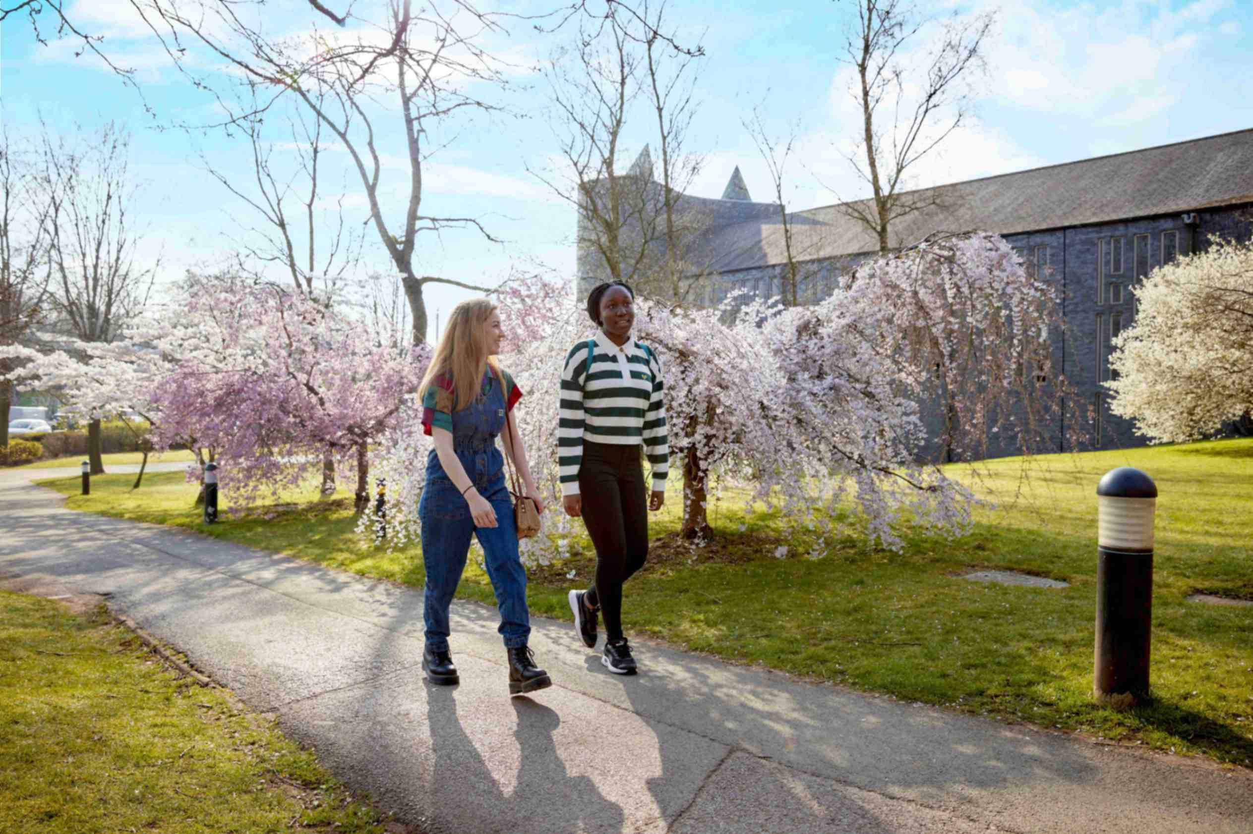 Student and staff member walking and chatting.